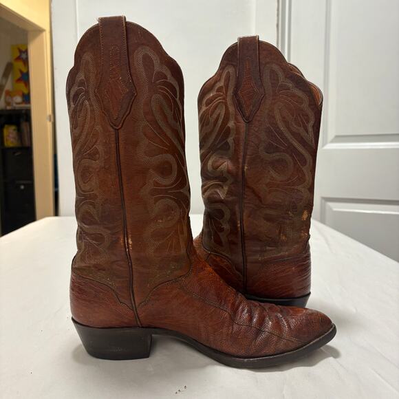 VTG El Dorado\'s Handmade Ostrich Leg Western Cowboy Boots Brown Leather 11D